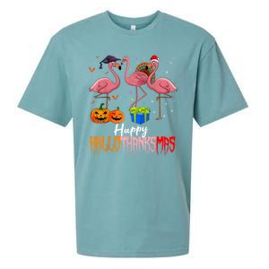 Happy Hallothanksmas Flamingo Halloween Thanksgiving Xmas Sueded Cloud Jersey T-Shirt