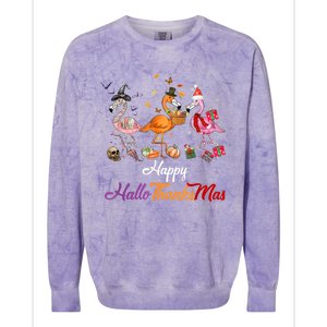 Happy Hallothanksmas Flamingo Halloween Thanksgiving Xmas Colorblast Crewneck Sweatshirt