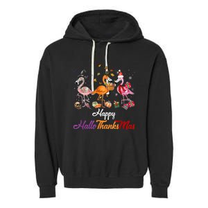 Happy Hallothanksmas Flamingo Halloween Thanksgiving Xmas Garment-Dyed Fleece Hoodie