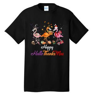 Happy Hallothanksmas Flamingo Halloween Thanksgiving Xmas Tall T-Shirt