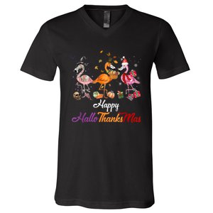 Happy Hallothanksmas Flamingo Halloween Thanksgiving Xmas V-Neck T-Shirt