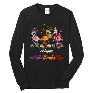 Happy Hallothanksmas Flamingo Halloween Thanksgiving Xmas Tall Long Sleeve T-Shirt