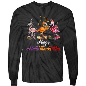 Happy Hallothanksmas Flamingo Halloween Thanksgiving Xmas Tie-Dye Long Sleeve Shirt