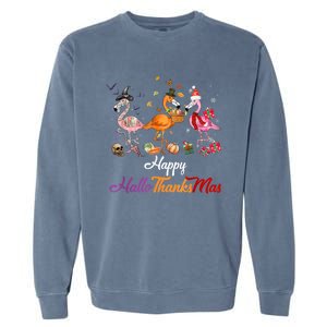 Happy Hallothanksmas Flamingo Halloween Thanksgiving Xmas Garment-Dyed Sweatshirt