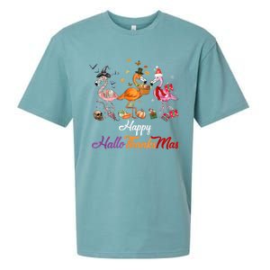 Happy Hallothanksmas Flamingo Halloween Thanksgiving Xmas Sueded Cloud Jersey T-Shirt