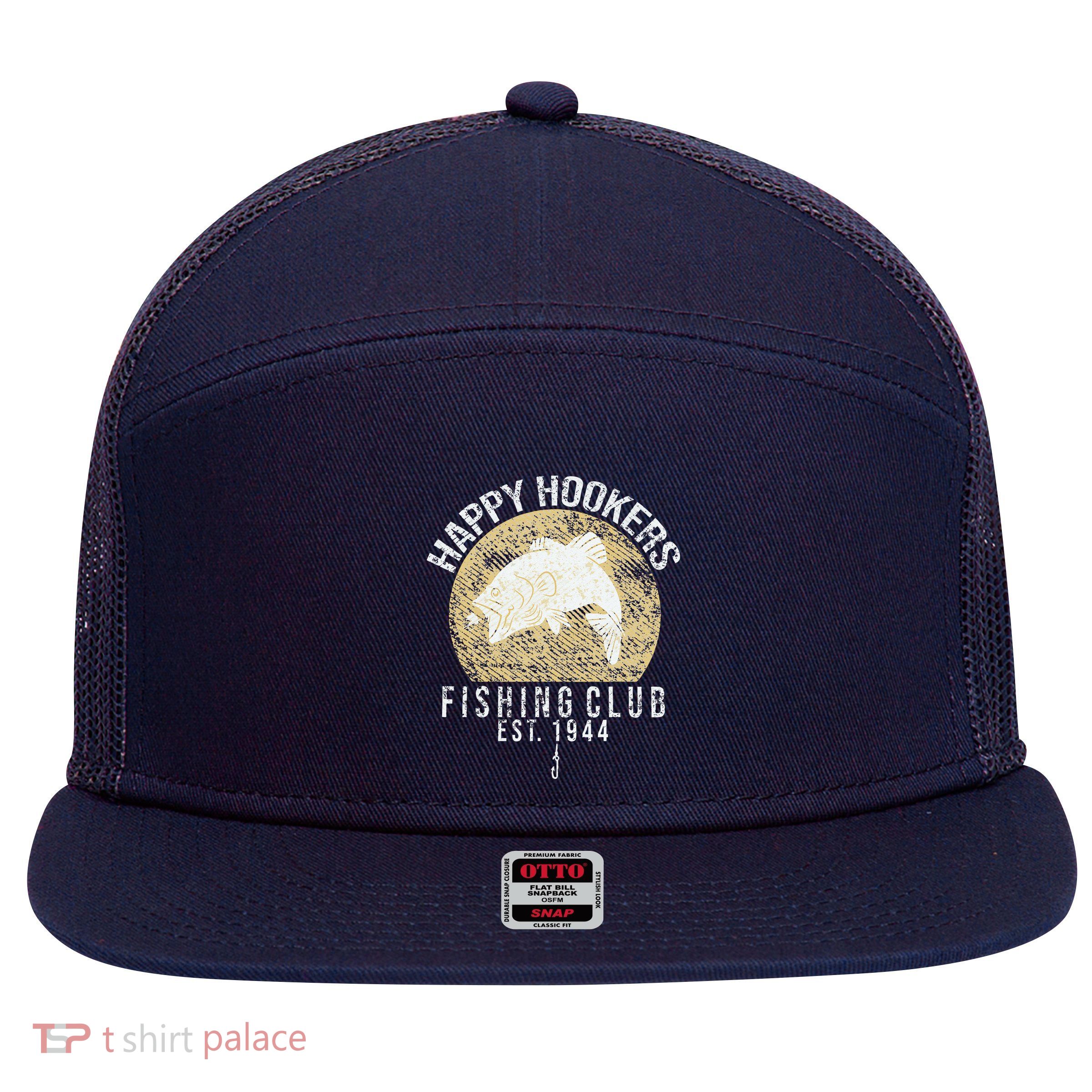 Happy Hookers Fishing Club Retro Vintage Style Fishing Lover 7 Panel Mesh Trucker Snapback Hat