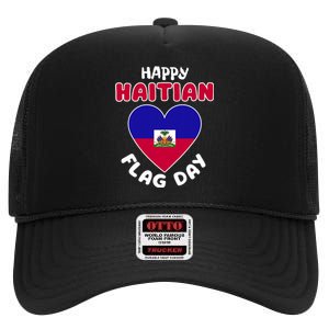 Happy Haitian Flag Day Cool Haiti Flag Heart High Crown Mesh Back Trucker Hat