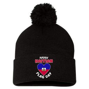 Happy Haitian Flag Day Cool Haiti Flag Heart Pom Pom 12in Knit Beanie