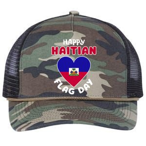 Happy Haitian Flag Day Cool Haiti Flag Heart Retro Rope Trucker Hat Cap