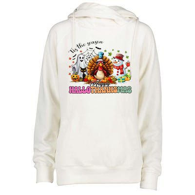 Happy Hallothanksmas Funny Halloween Thanksgiving Christmas Womens Funnel Neck Pullover Hood