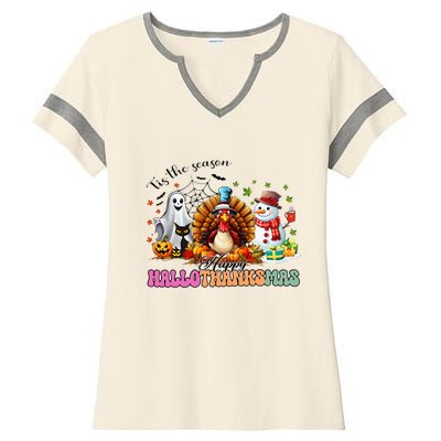 Happy Hallothanksmas Funny Halloween Thanksgiving Christmas Ladies Halftime Notch Neck Tee