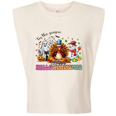 Happy Hallothanksmas Funny Halloween Thanksgiving Christmas Garment-Dyed Women's Muscle Tee