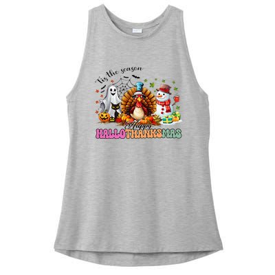 Happy Hallothanksmas Funny Halloween Thanksgiving Christmas Ladies PosiCharge Tri-Blend Wicking Tank