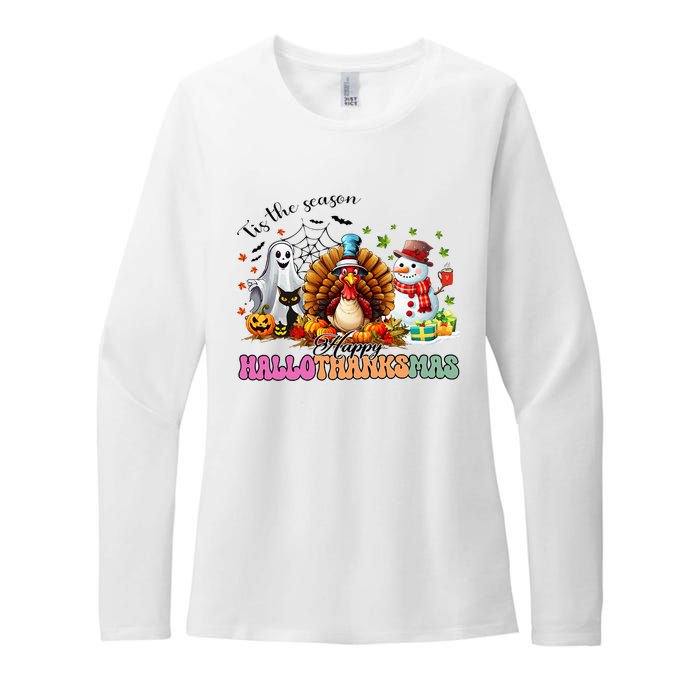 Happy Hallothanksmas Funny Halloween Thanksgiving Christmas Womens CVC Long Sleeve Shirt