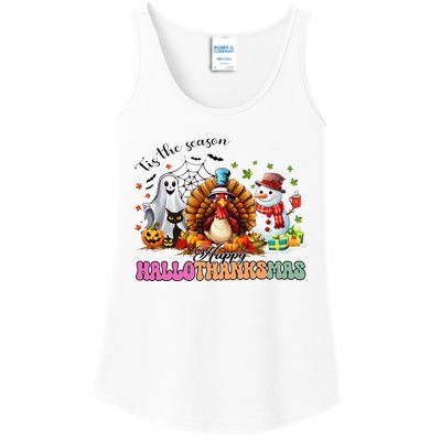 Happy Hallothanksmas Funny Halloween Thanksgiving Christmas Ladies Essential Tank