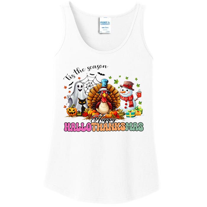 Happy Hallothanksmas Funny Halloween Thanksgiving Christmas Ladies Essential Tank