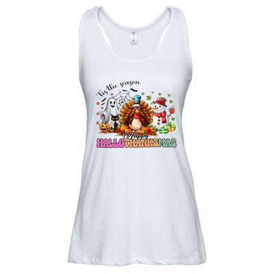 Happy Hallothanksmas Funny Halloween Thanksgiving Christmas Ladies Essential Flowy Tank