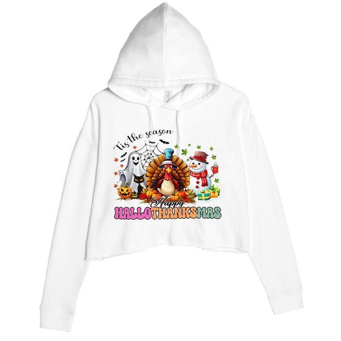 Happy Hallothanksmas Funny Halloween Thanksgiving Christmas Crop Fleece Hoodie