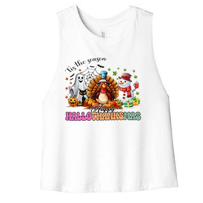 Happy Hallothanksmas Funny Halloween Thanksgiving Christmas Women's Racerback Cropped Tank