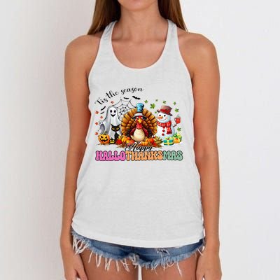 Happy Hallothanksmas Funny Halloween Thanksgiving Christmas Women's Knotted Racerback Tank