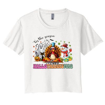 Happy Hallothanksmas Funny Halloween Thanksgiving Christmas Women's Crop Top Tee