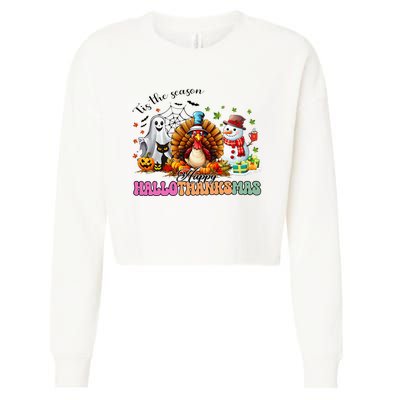 Happy Hallothanksmas Funny Halloween Thanksgiving Christmas Cropped Pullover Crew