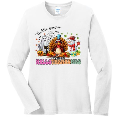 Happy Hallothanksmas Funny Halloween Thanksgiving Christmas Ladies Long Sleeve Shirt