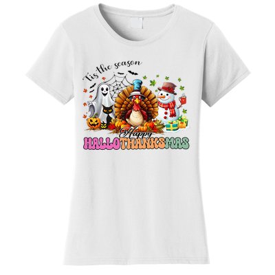 Happy Hallothanksmas Funny Halloween Thanksgiving Christmas Women's T-Shirt