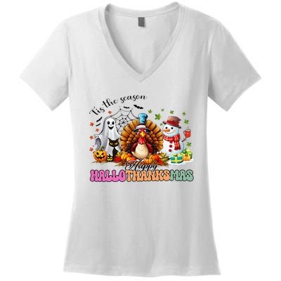 Happy Hallothanksmas Funny Halloween Thanksgiving Christmas Women's V-Neck T-Shirt