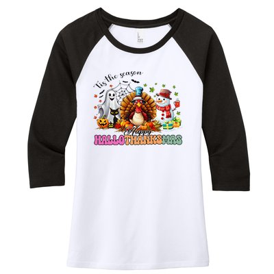 Happy Hallothanksmas Funny Halloween Thanksgiving Christmas Women's Tri-Blend 3/4-Sleeve Raglan Shirt