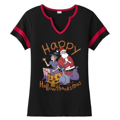 Happy Hallowthanksmas Funny Holiday Ladies Halftime Notch Neck Tee