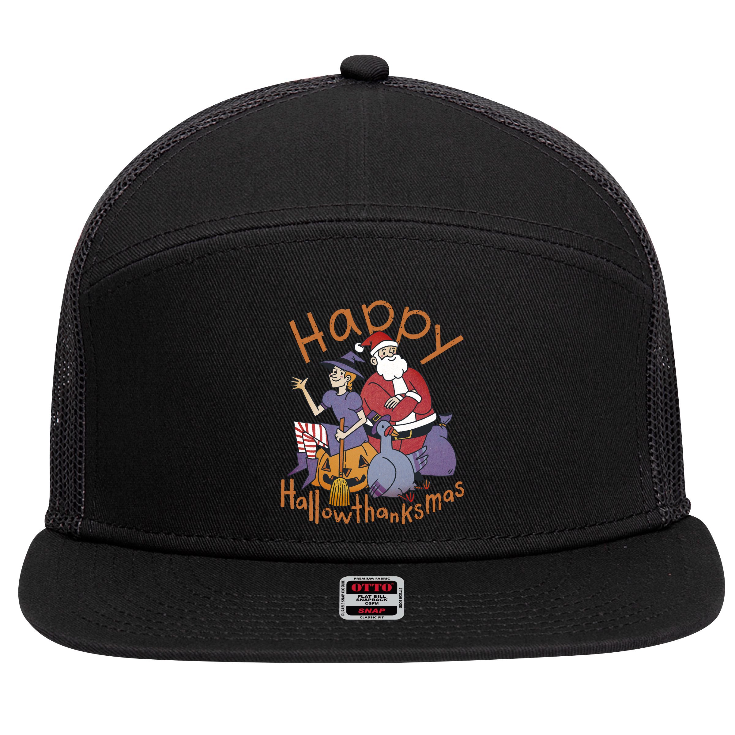 Happy Hallowthanksmas Funny Holiday 7 Panel Mesh Trucker Snapback Hat