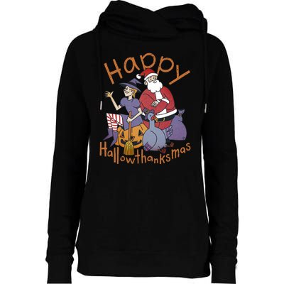 Happy Hallowthanksmas Funny Holiday Womens Funnel Neck Pullover Hood