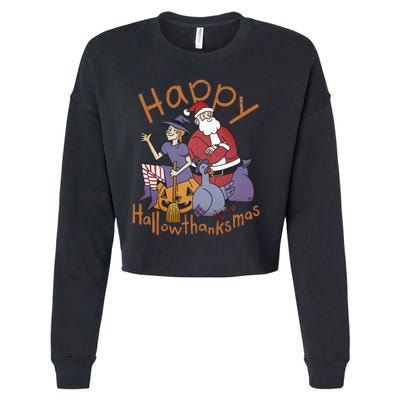 Happy Hallowthanksmas Funny Holiday Cropped Pullover Crew