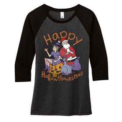 Happy Hallowthanksmas Funny Holiday Women's Tri-Blend 3/4-Sleeve Raglan Shirt