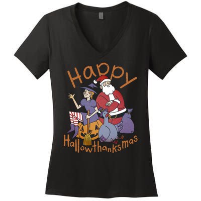 Happy Hallowthanksmas Funny Holiday Women's V-Neck T-Shirt