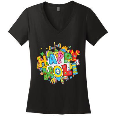 Happy Holi Festival Colors India Hindu Women's V-Neck T-Shirt
