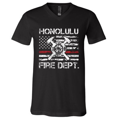 Honolulu Hawaii Fire Department Thin Red Line Fireman V-Neck T-Shirt