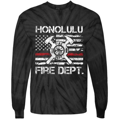 Honolulu Hawaii Fire Department Thin Red Line Fireman Tie-Dye Long Sleeve Shirt