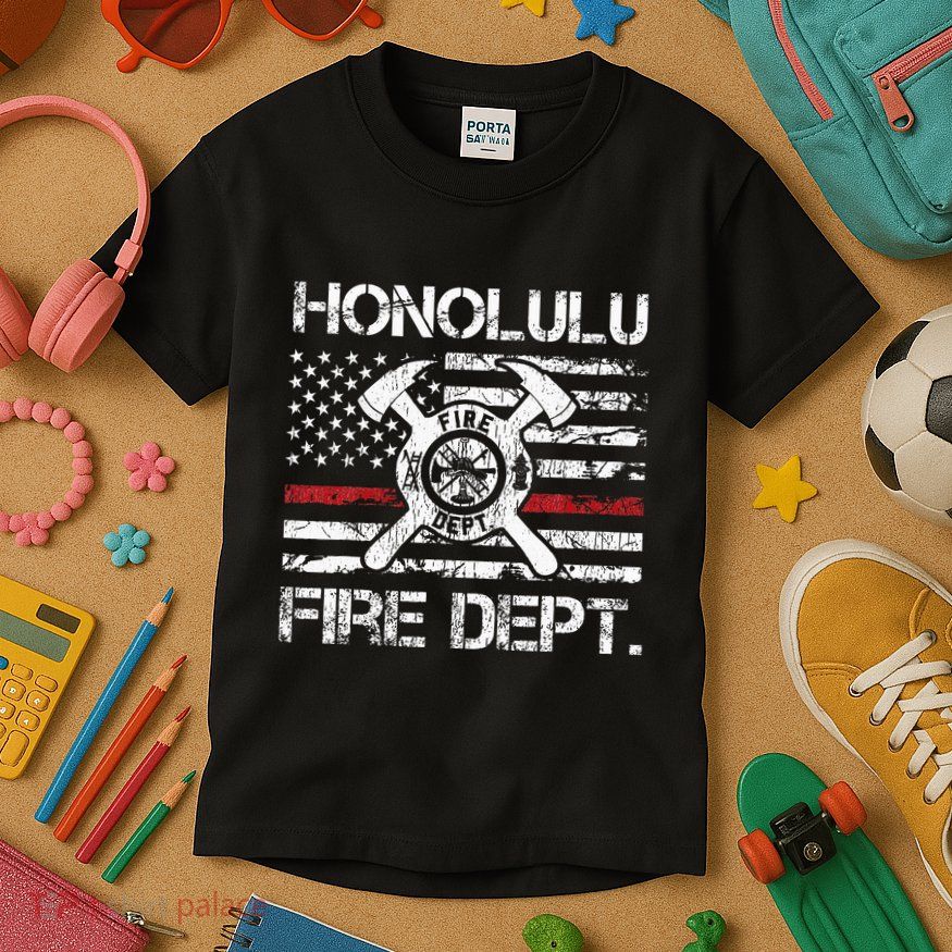 Honolulu Hawaii Fire Department Thin Red Line Fireman Kids T-Shirt