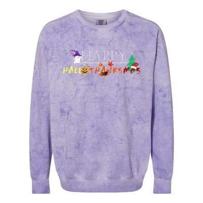 Happy Hallothanksmas Funny Halloween Christmas Thanksgiving Colorblast Crewneck Sweatshirt