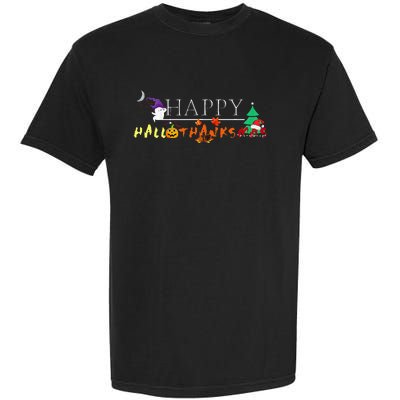 Happy Hallothanksmas Funny Halloween Christmas Thanksgiving Garment-Dyed Heavyweight T-Shirt