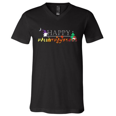 Happy Hallothanksmas Funny Halloween Christmas Thanksgiving V-Neck T-Shirt