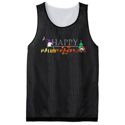 Happy Hallothanksmas Funny Halloween Christmas Thanksgiving Mesh Reversible Basketball Jersey Tank