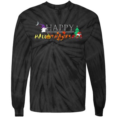 Happy Hallothanksmas Funny Halloween Christmas Thanksgiving Tie-Dye Long Sleeve Shirt