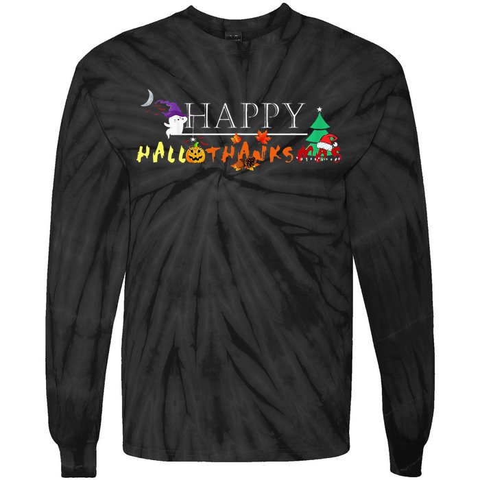 Happy Hallothanksmas Funny Halloween Christmas Thanksgiving Tie-Dye Long Sleeve Shirt