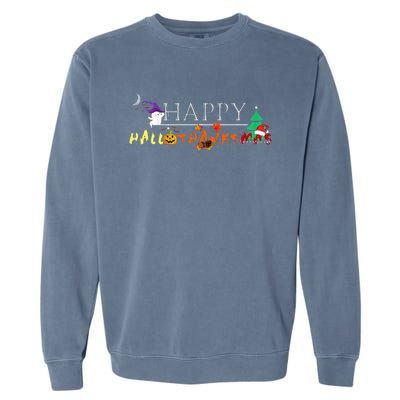 Happy Hallothanksmas Funny Halloween Christmas Thanksgiving Garment-Dyed Sweatshirt