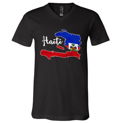 Happy Haitian Flag Day Cool Haiti Flag Map Haitian Pride V-Neck T-Shirt