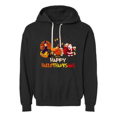 Happy Hallothanksmas Funny Halloween Thanksgiving Christmas Garment-Dyed Fleece Hoodie