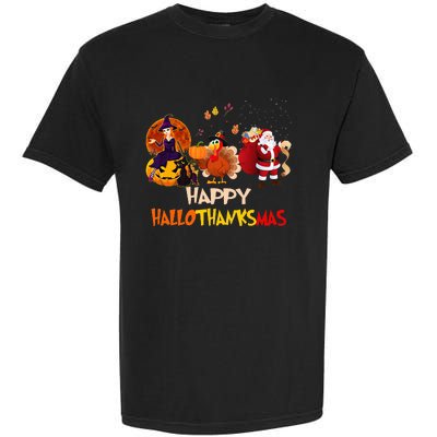 Happy Hallothanksmas Funny Halloween Thanksgiving Christmas Garment-Dyed Heavyweight T-Shirt